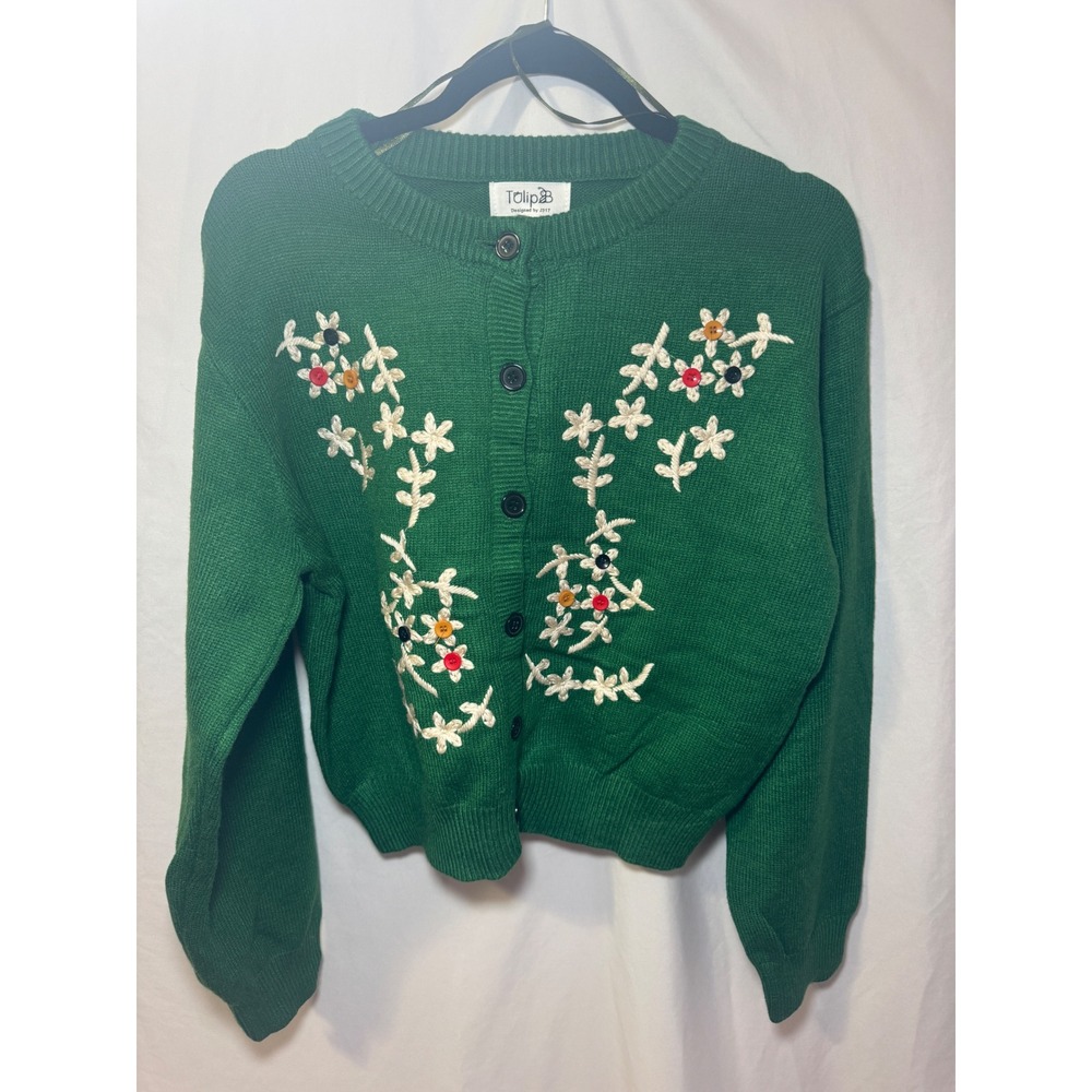 Tulip B Floral Embroidered Cardigan Womens L Green Cottagecore Vintage Style NWT
